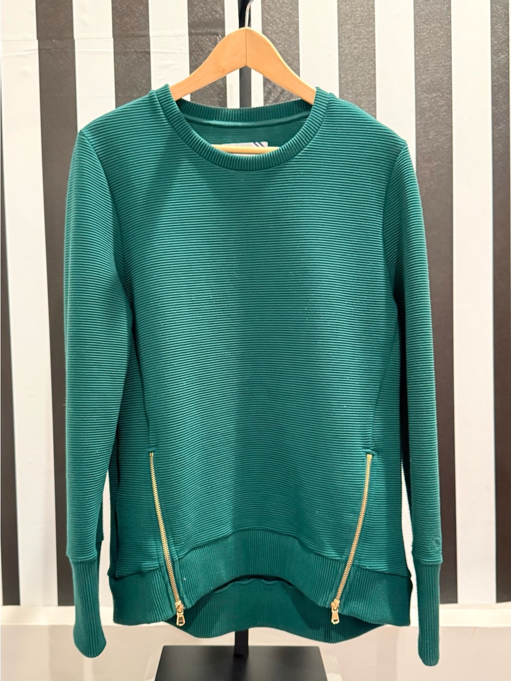 Addison Bay Teal Ribbed Crewneck Sweater with Gold Zipper Accents